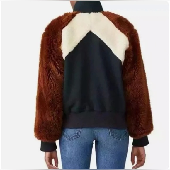SEA made in New York Colorblock Faux Fur Track Jacket brown/green/cream Sz L - Picture 2 of 10
